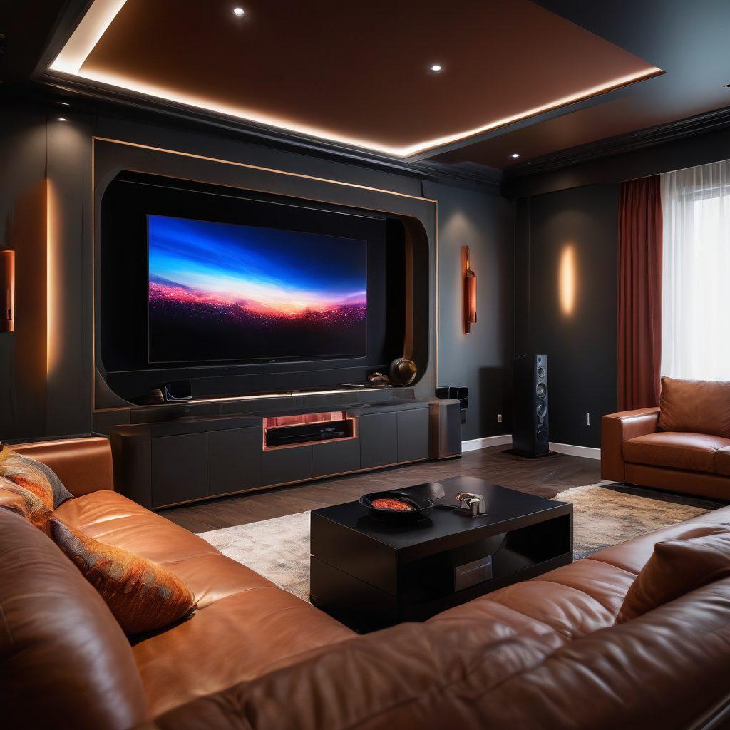 A luxurious home theater setup featuring sleek audiophile gadgets, a large high-definition screen, comfortable leather seating, and ambient lighting creating a cozy atmosphere. Include high-end speakers and sound systems prominently placed. Showcase vibrant sound waves emanating from the devices, symbolizing high-fidelity sound experience. A stylish decor with a modern touch. super-realistic. vibrant colors. 3D.