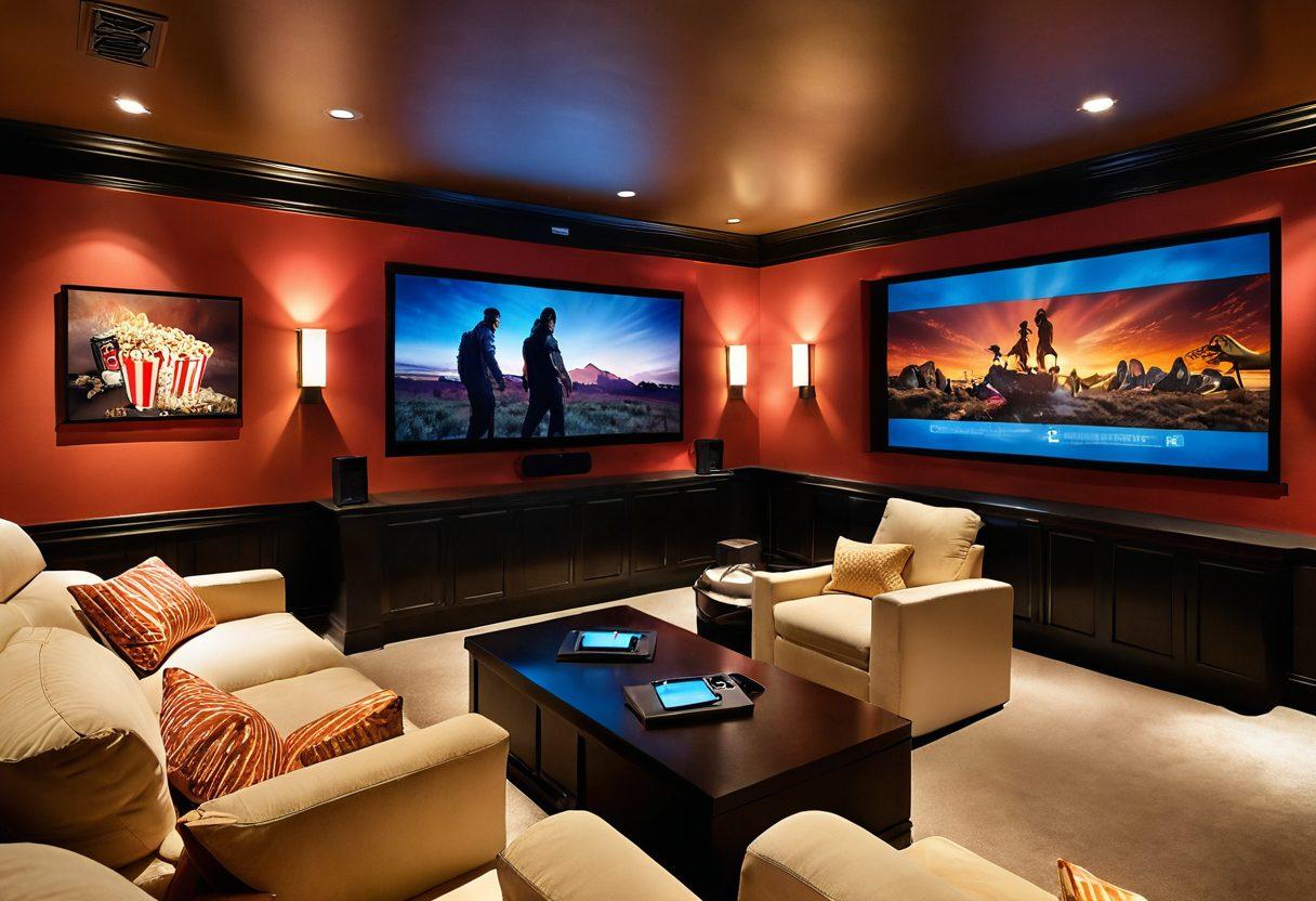 An inviting home theater room featuring a high-end sound system, plush reclining seats, and a large screen displaying a vibrant movie scene. Ambient lighting enhances the cozy atmosphere while showcasing sound waves emanating from the speakers, illustrating high fidelity. Include decorative elements like popcorn bowls and movie posters. super-realistic. warm colors. modern decor.