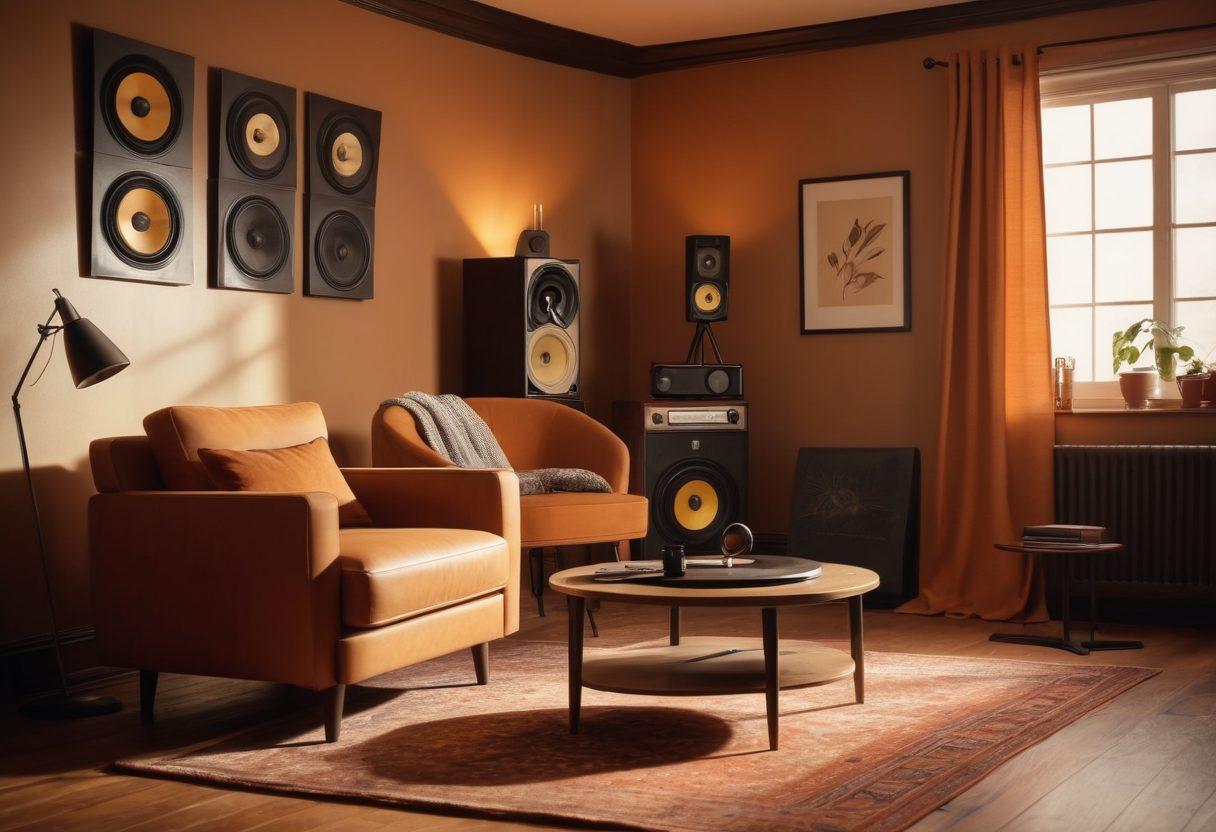 A cozy room featuring a premium sound system with elegant speakers, acoustic panels on the walls, and vinyl records scattered around. Soft lighting highlights a vintage turntable, while musical notes gently float in the air, symbolizing harmonious sound waves. A comfortable chair invites music lovers to sit back and enjoy. super-realistic. warm colors. soft focus.